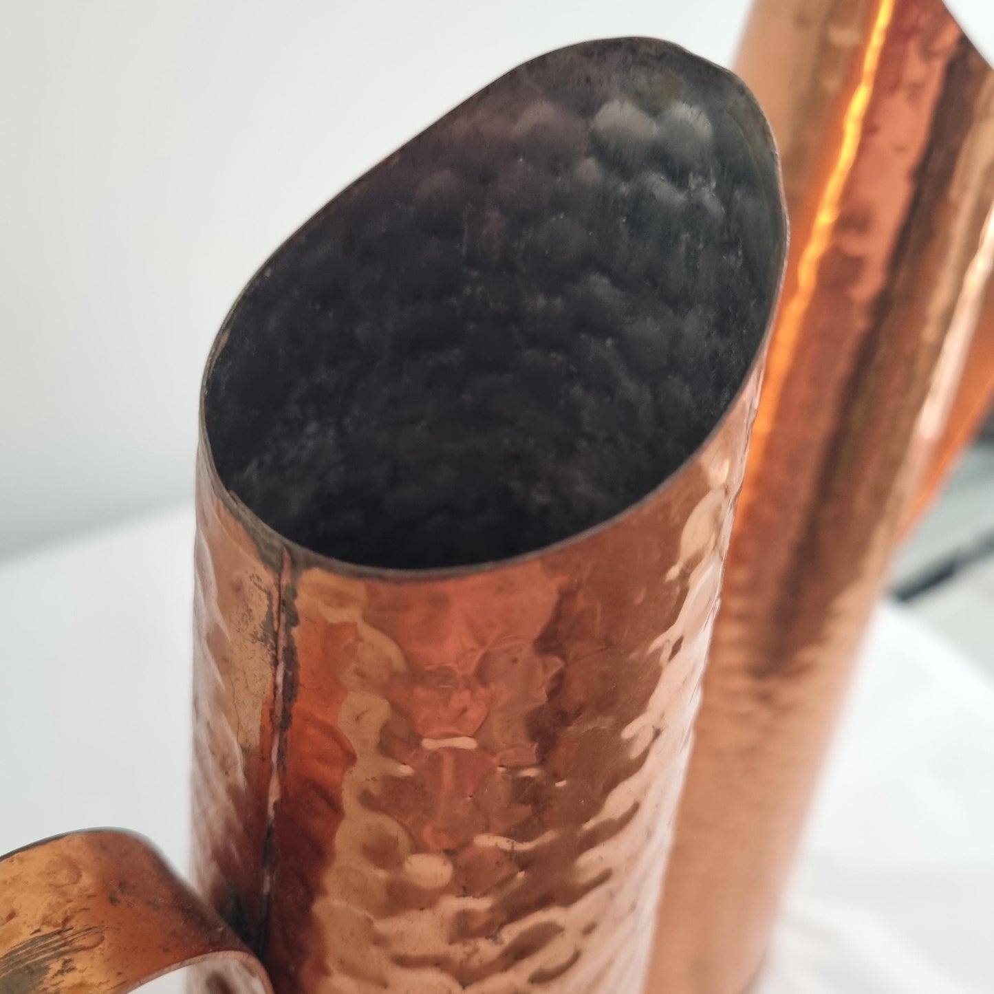 Mid Century Modern Hammered Copper Jug: Swedish Vase, 1960s MCM Decor with textured hammered copper surface and curved spout detail