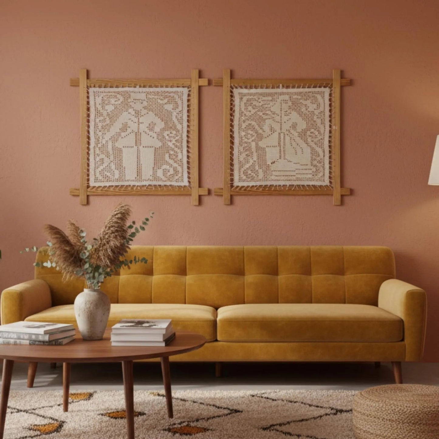 Vintage Scandinavian Crochet Sample from the 1960s - Retro Scandinavian Craft displayed as wall art above mustard sofa in cozy living room