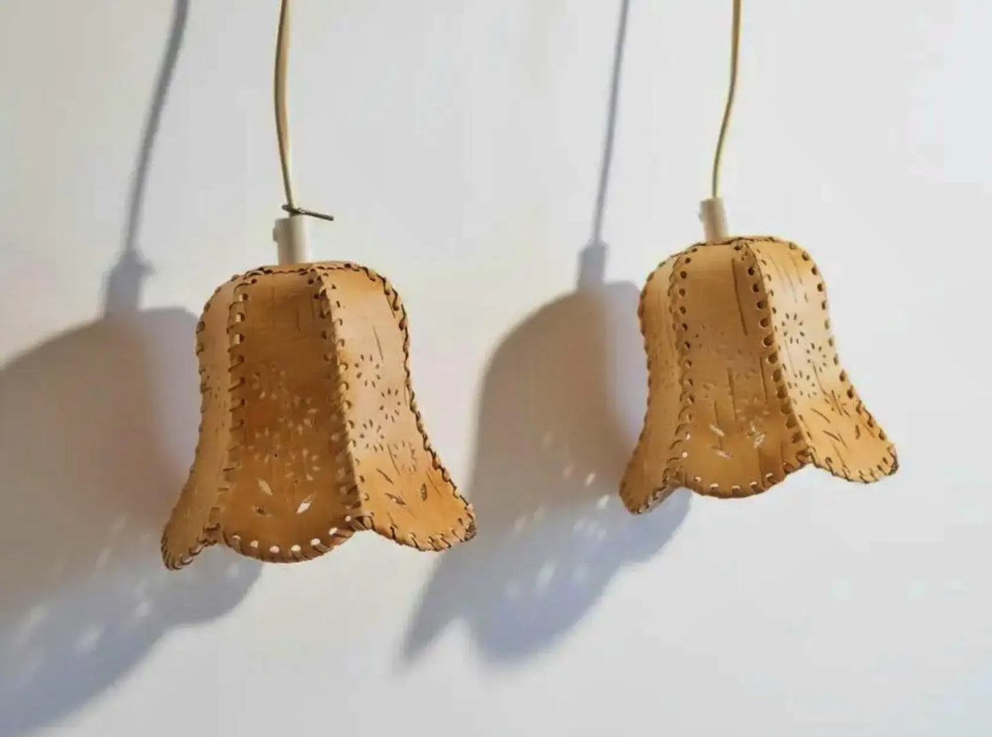 Vintage Scandinavian Birch Bark Hanging Lamp – Hand-Carved, Woven & Stitched Pendant Light showcasing authentic vintage timeless charm