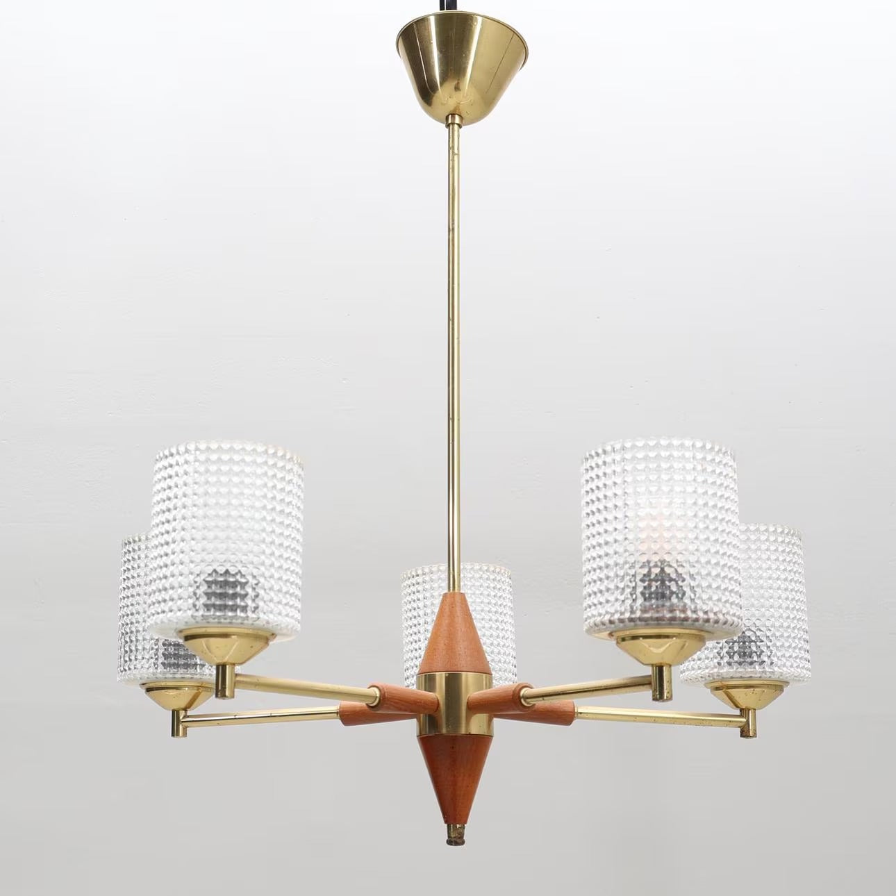 Mid-Century Modern Scandinavian Brass & Teak Chandelier – Textured Glass Shades, 1950s–60s, authentic vintage, timeless charm