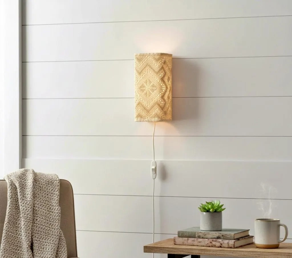 Vintage Swedish Crochet Wall Sconce – Mid-Century Boho Plug-In Lamp with timeless charm, authentic vintage Scandinavian mid-century piece