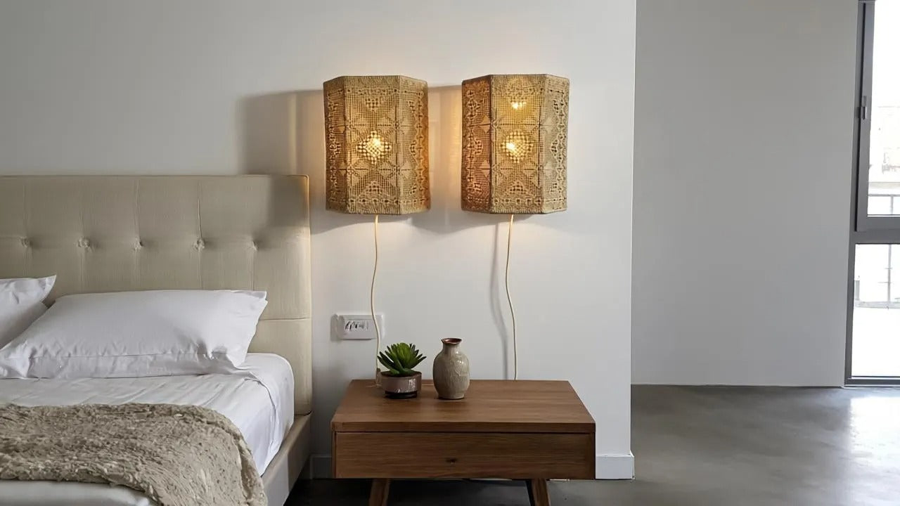 Vintage Swedish Crochet Wall Sconce Pair – Mid-Century Boho Lace Lighting with timeless charm above wooden nightstand in modern bedroom.