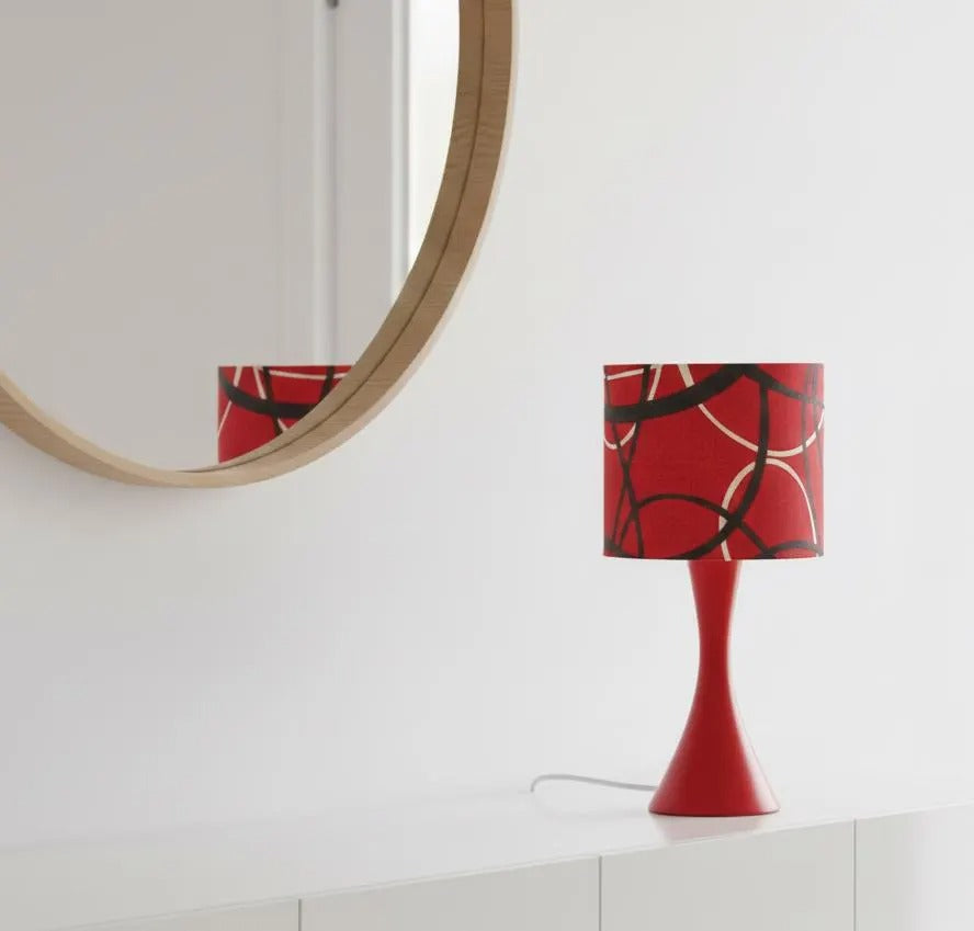 Vintage Marksöjd Red Table Lamp – Iconic Swedish Mid-Century Modern Desk Light, 1970s with abstract patterned shade