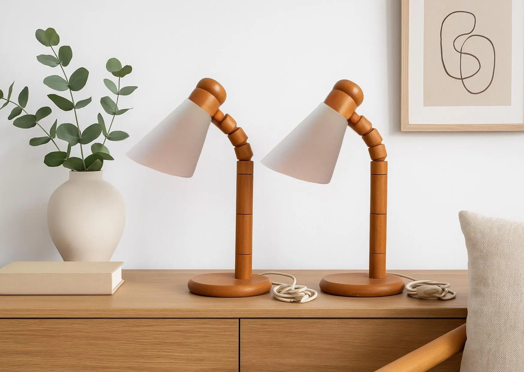Vintage SOLBACKEN Pine Table Lamps – Mid-Century Scandinavian Bedside Lights, Pair with timeless charm and authentic vintage appeal