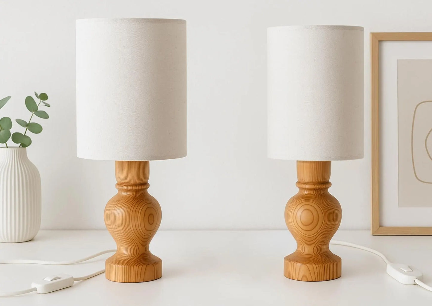 Mid-Century Modern Pine Table Lamps – Scandinavian Wood Nightstand Lights, Pair, Authentic vintage, Timeless Charm