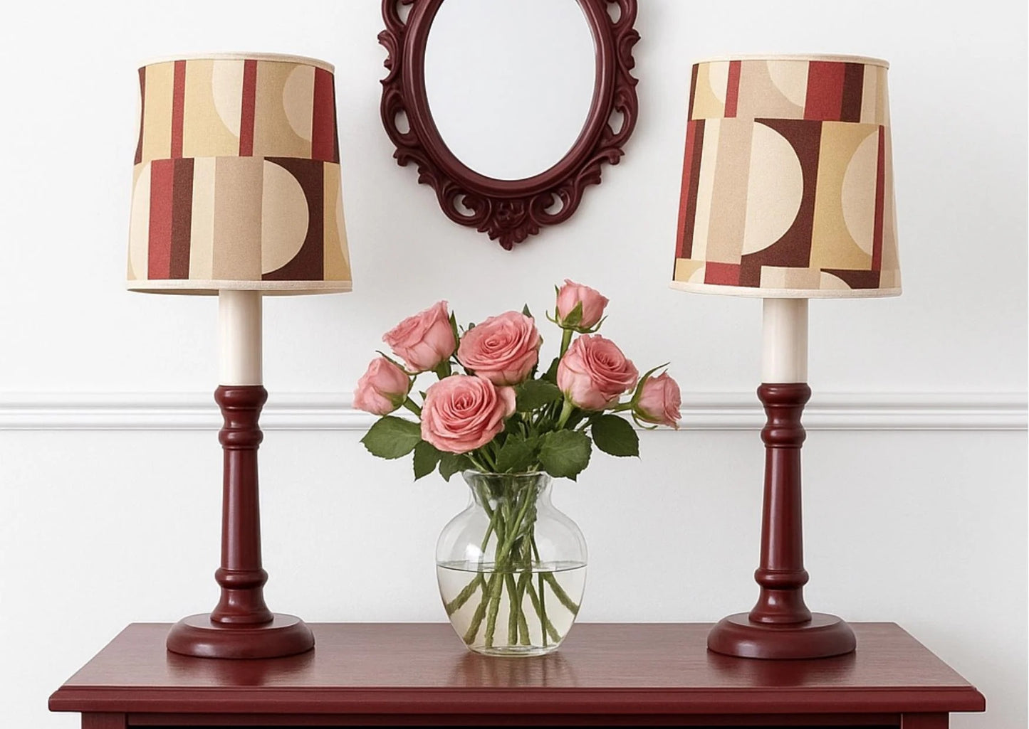 Mid-Century Modern Table Lamps – Cherry Beech with Original Retro Shades, 1970s Scandinavian Pair, timeless charm, authentic vintage