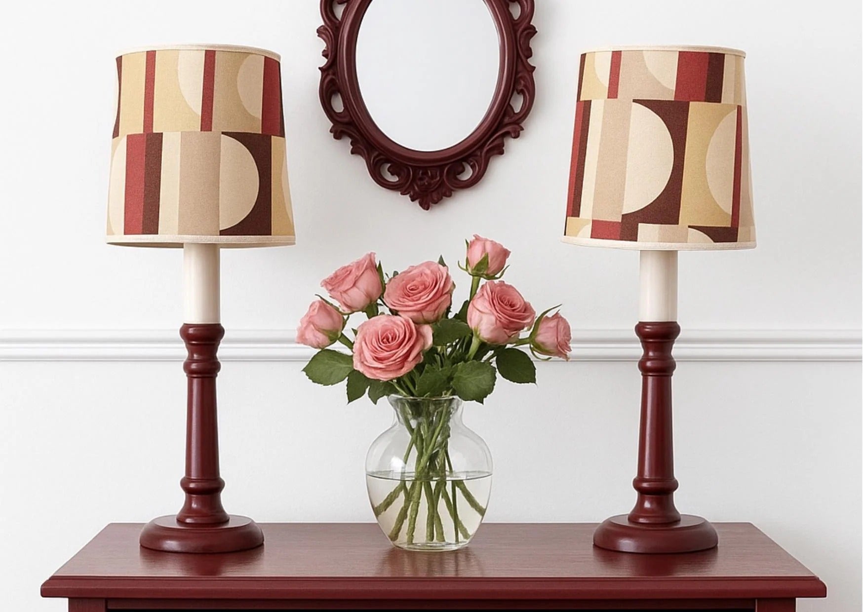 Mid-Century Modern Table Lamps – Cherry Beech with Original Retro Shades, 1970s Scandinavian Pair, timeless charm, authentic vintage
