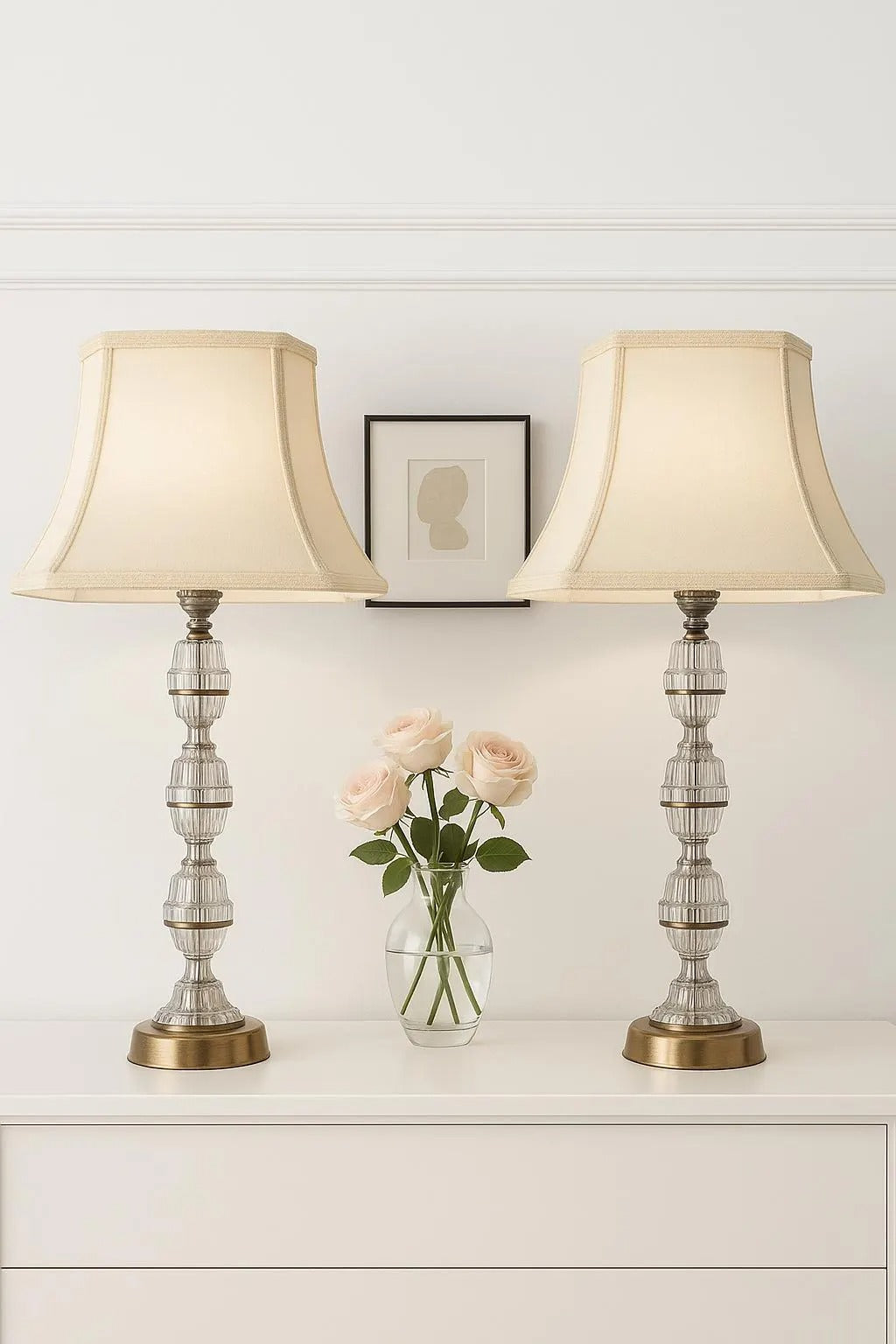 Signed Carl Fagerlund Table Lamp Pair – Orrefors Crystal & Brass, Original Shades, Swedish Mid-Century (1960s), Timeless Charm, Authentic vintage