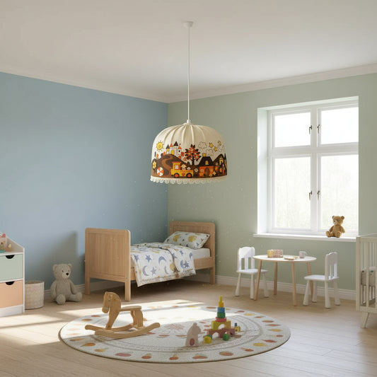 Ikea Vintage Retro Children's Room Lampshade with Castle and Train Print – Playful Scandinavian Design