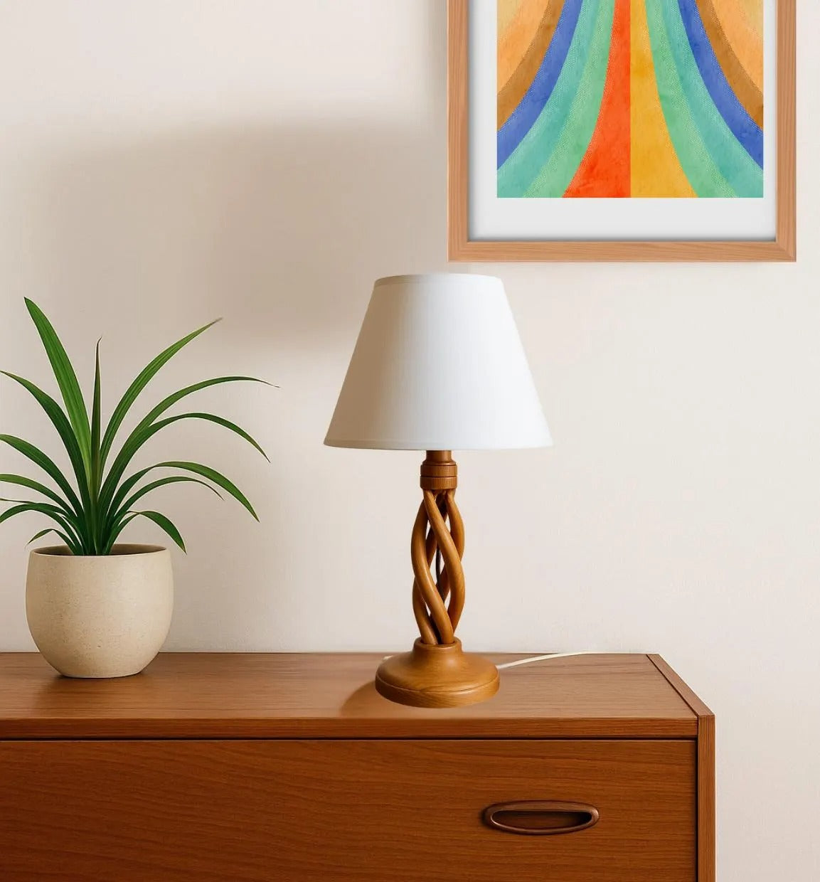 Mid-Century Modern Oak Table Lamp – Handmade Twisted Base, White Shade, 1960s, authentic vintage, timeless charm.