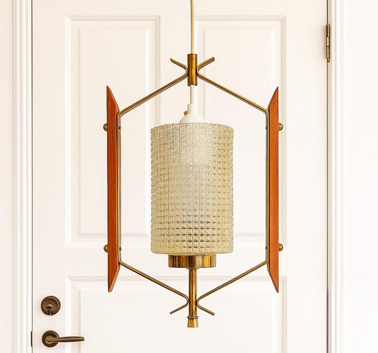 Scandinavian Mid-Century Ceiling Lamp – Teak, Metal &amp; Milk Glass (1960s–70s)