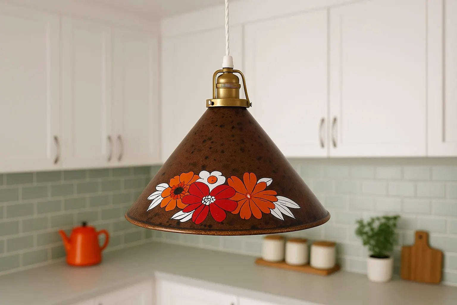 Vintage Enamel Hanging Lamp: Scandinavian Floral Pendant Light with colorful floral design, authentic vintage charm, timeless appeal