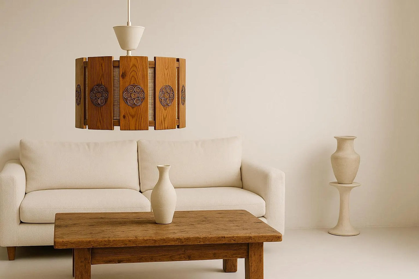 Vintage Scandinavian Wood Pendant Light: Carved Medallions, Japandi Style