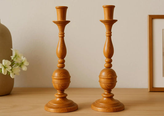 Vintage Scandinavian Wooden Candlesticks: Handmade Pine Pair, Rustic Farmhouse Decor