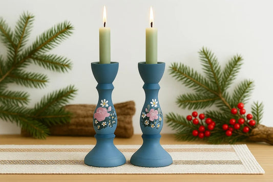 Vintage Hand-Painted Blue Wooden Candlesticks - Swedish Folk Art Decor - Pair