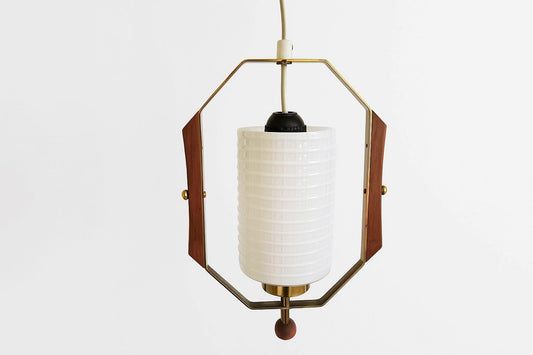 Mid Century Teak & Brass Ceiling Lamp: Milk Glass Shade, Scandinavian Retro Design