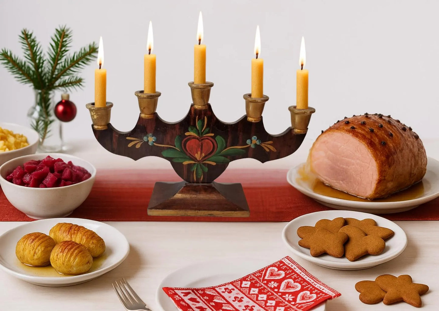 Hand Painted Swedish Candelabra: Allmoge Folk Art Wood Candle Holder with candles, surrounded by cozy Scandinavian holiday treats.