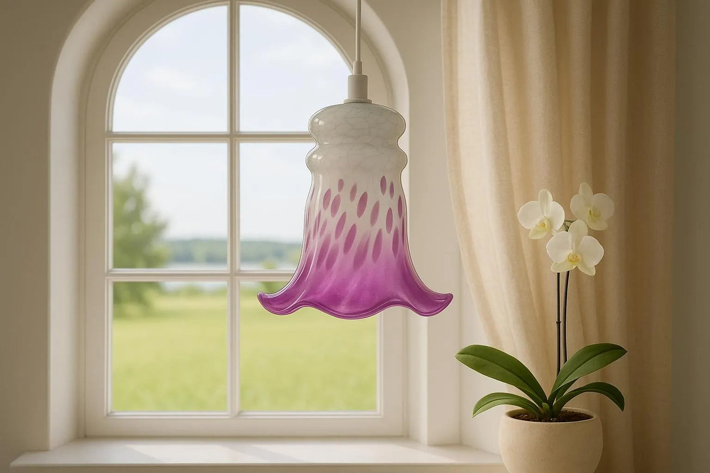 Vintage Tre Bockar Glass Pendant Lamp – Handblown Swedish Design with purple floral glass shade near arched window and orchid plant