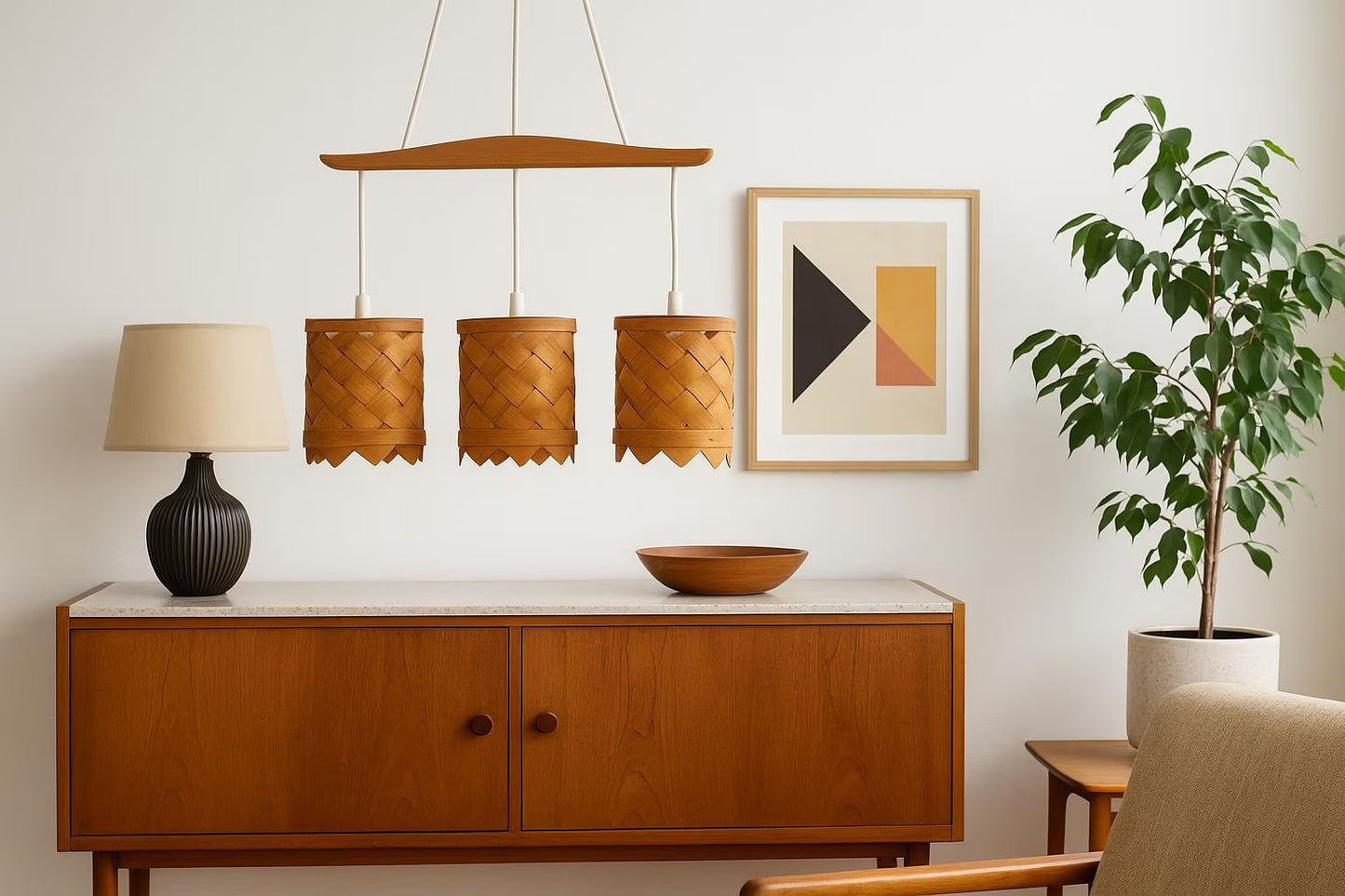 Handwoven Pine Pendant Lamp – Rare Mid-Century Modern Scandinavian Light Fixture with timeless charm in a stylish living room setting.