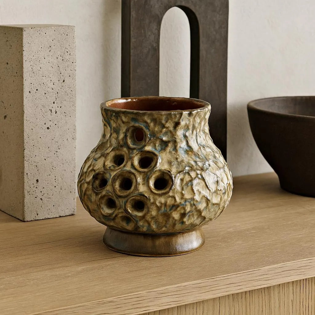 EGO Stengods Ceramic Candle Holder – Bruno Karlsson, Sweden 1970s with textured holes and rustic glaze on wooden surface