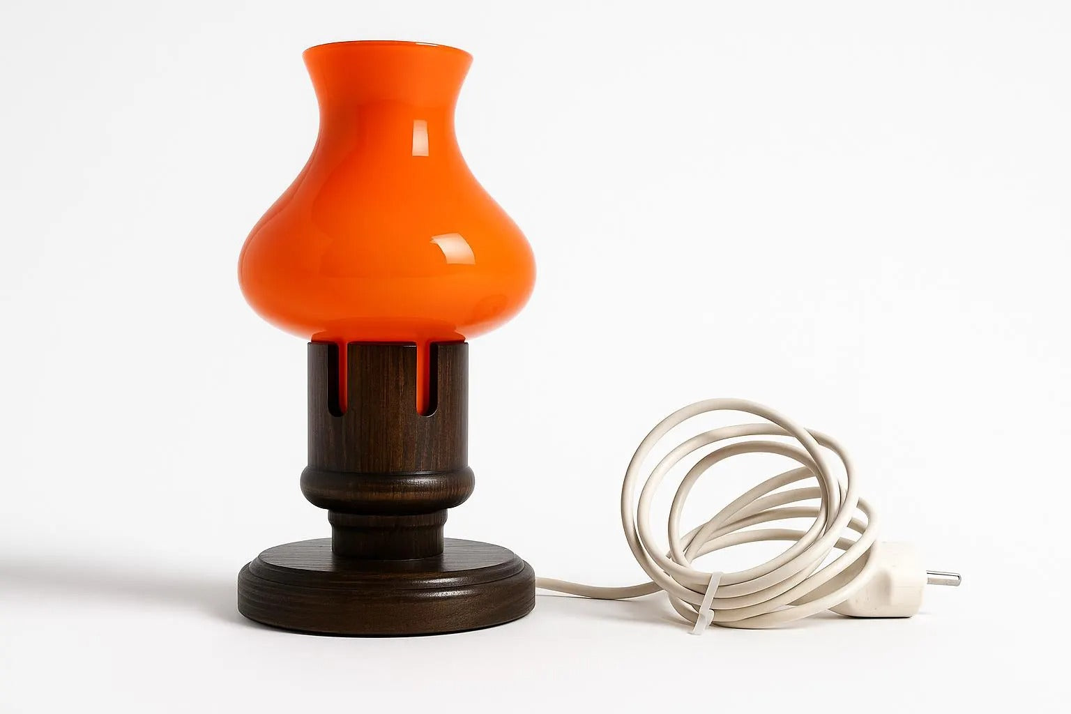Vintage Erik Höglund Table Lamp – Orange Cased Glass & Pine, Marksöjd Boda, Sweden c. 1970 with coiled white cord