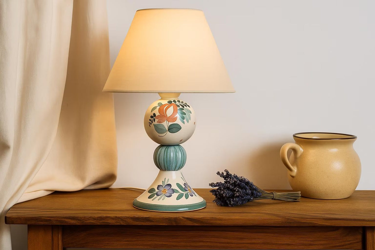 Hand-Painted Swedish Ceramic Table Lamp – Folk Art Charm
