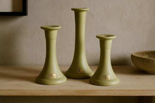 Vintage Guldkroken Hjo Sweden Olive Green Ceramic Candle Holders – Set of 3
