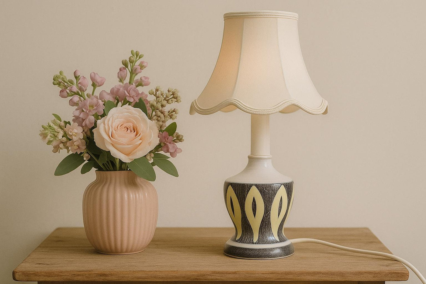 Hand-Painted Ceramic Table Lamp: Mid-Century Swedish Allingsås Style with authentic vintage charm and timeless elegance.