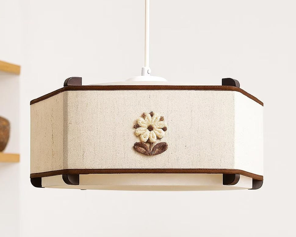 Mid-Century Scandinavian Pendant Lamp – 1970s Striped Fabric Ceiling Light, Danish Retro Textile Shade with flower embroidery