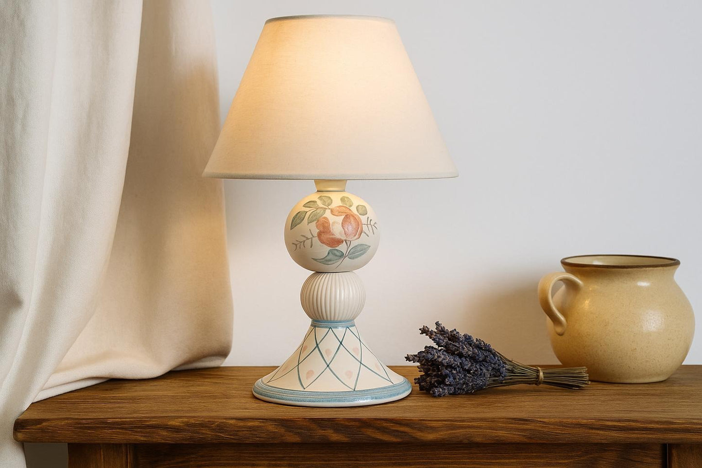 Hand-Painted Swedish Ceramic Table Lamp – Folk Art Style, Vintage Scandinavian Pottery with floral design on wooden table