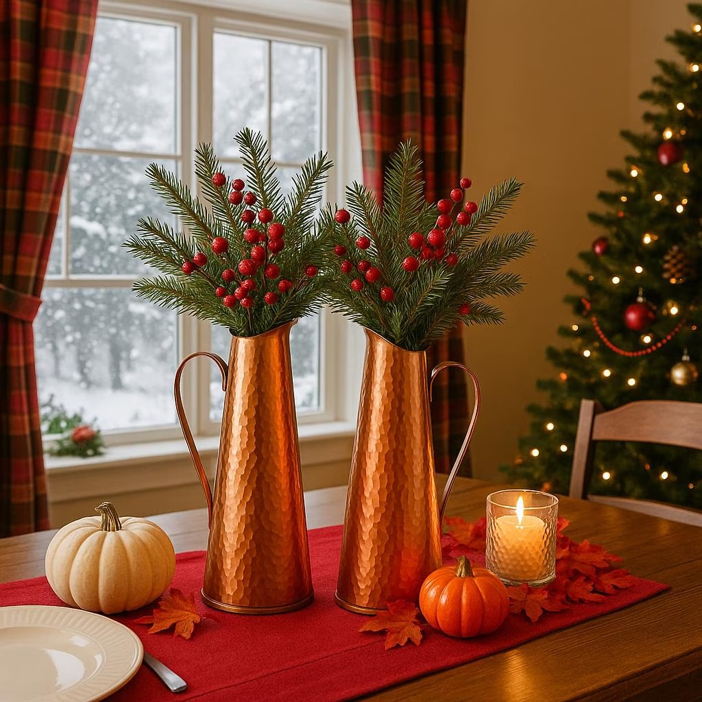 Mid Century Modern Hammered Copper Jug: Swedish Vase, 1960s MCM Decor holding festive pine branches with red berries