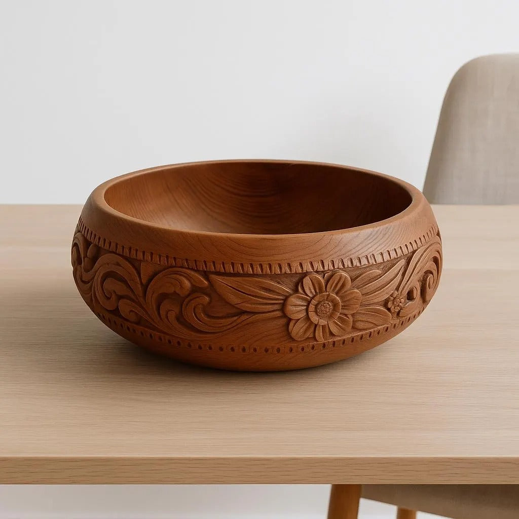 Hand Carved Teak Wood Bowl: Mid-Century Scandinavian Floral Centerpiece with detailed flower and leaf carvings on wood