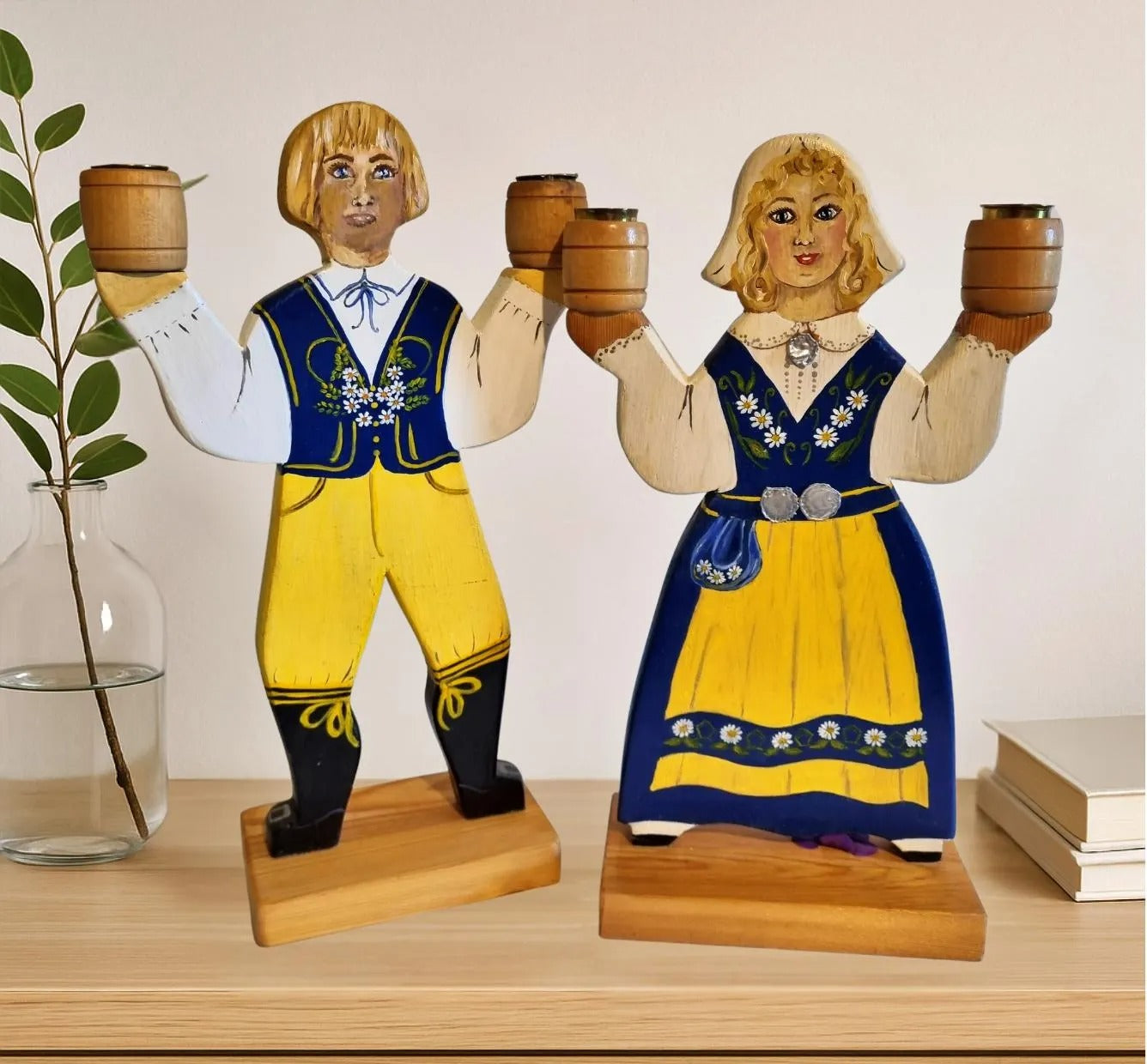 Swedish Hand Painted Folk Art Wooden Candle Holders – Atelje Ladetorp, Signed Design