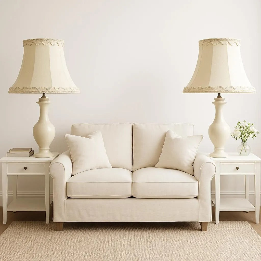Vintage Cream Lampshade Pair: Oversized Retro Shades, Unused showcasing authentic vintage timeless charm in a cozy neutral room setting.