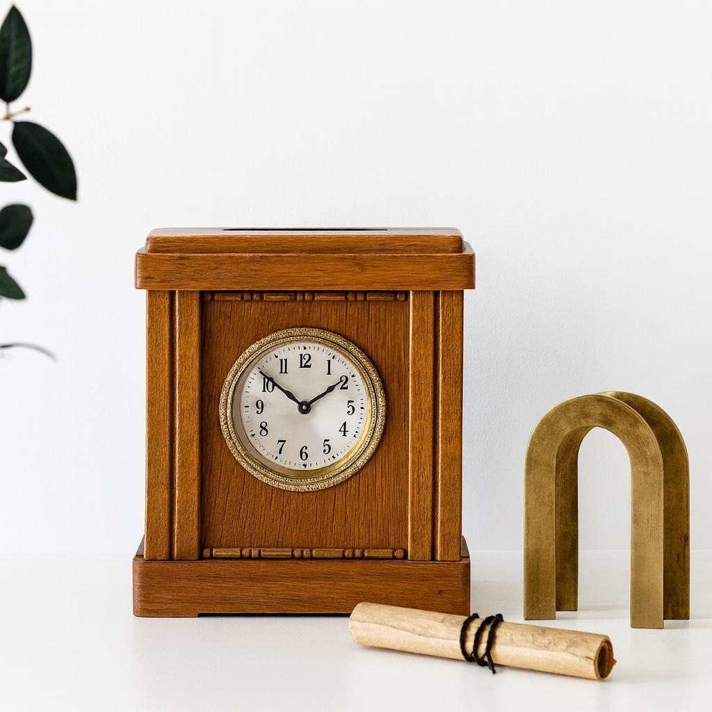 Vintage Oak & Brass Money Box Alarm Clock: 1930s Swedish Bank Collectible (Not Working) on white surface with decorative items.