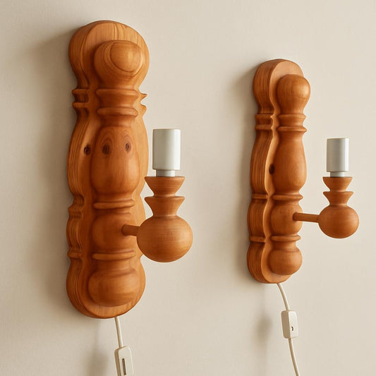 Vintage Pine Wood Wall Sconces – Scandinavian Retro Lamp Pair, 1970s, authentic vintage mid-century modern charm.