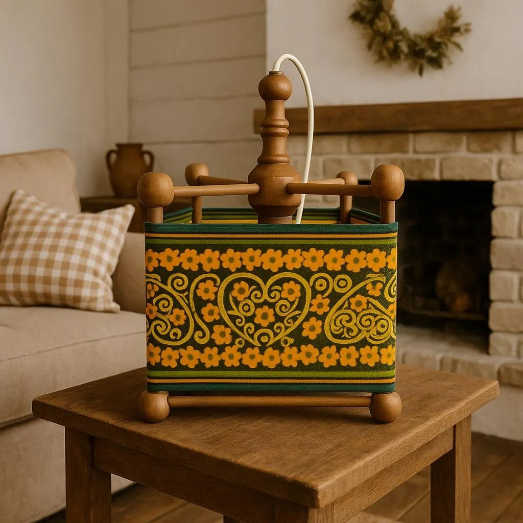Vintage Floral Heart Wooden Table Lamp – 1970s Boho Folk Art Accent Light with timeless charm and authentic vintage appeal.