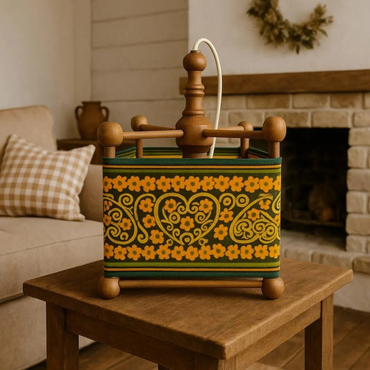 Vintage Floral Heart Wooden Table Lamp – 1970s Boho Folk Art Accent Light with timeless charm and authentic vintage appeal.