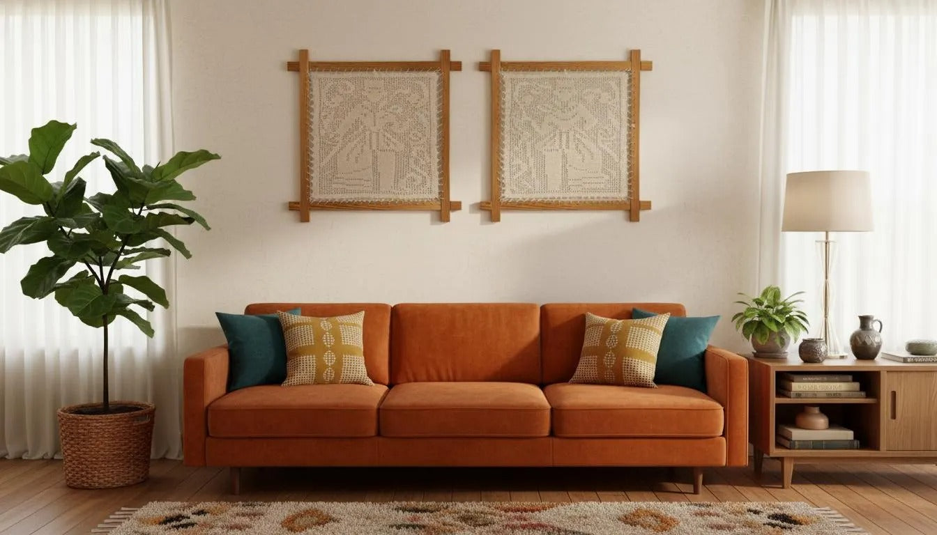 Vintage Scandinavian Crochet Sample from the 1960s - Retro Scandinavian Craft wall art above modern orange sofa in cozy living room.