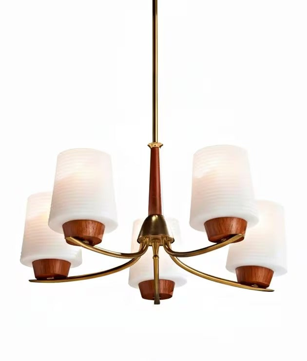 Vintage 1950s Swedish Chandelier: Mid-Century Modern Brass & Teak Opaline Glass Pendant Light