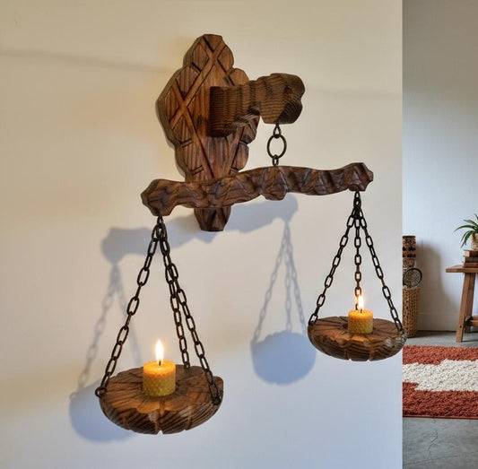 Rustic wooden wall scale candle holder with trays on chains
