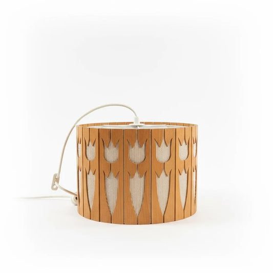 Vintage Scandinavian Wooden Ceiling Pendant Lamp – Hand-Carved Tulip Design, Rare Nordic Lighting