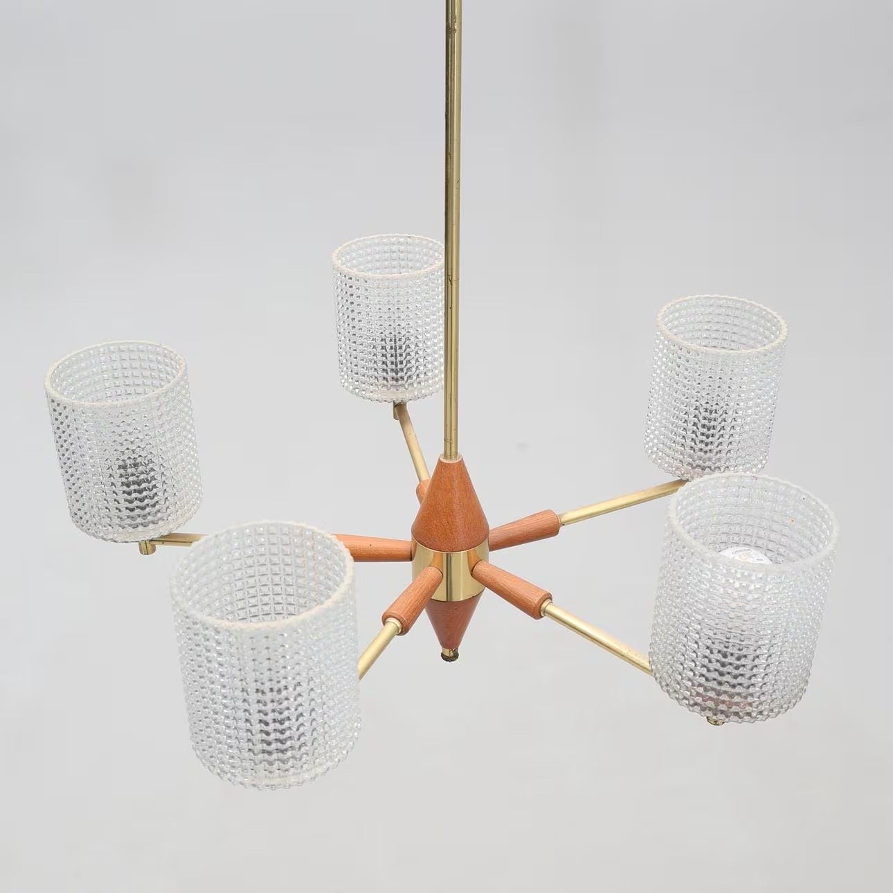 Mid-Century Modern Scandinavian Brass & Teak Chandelier – Textured Glass Shades, 1950s–60s, authentic vintage, timeless charm