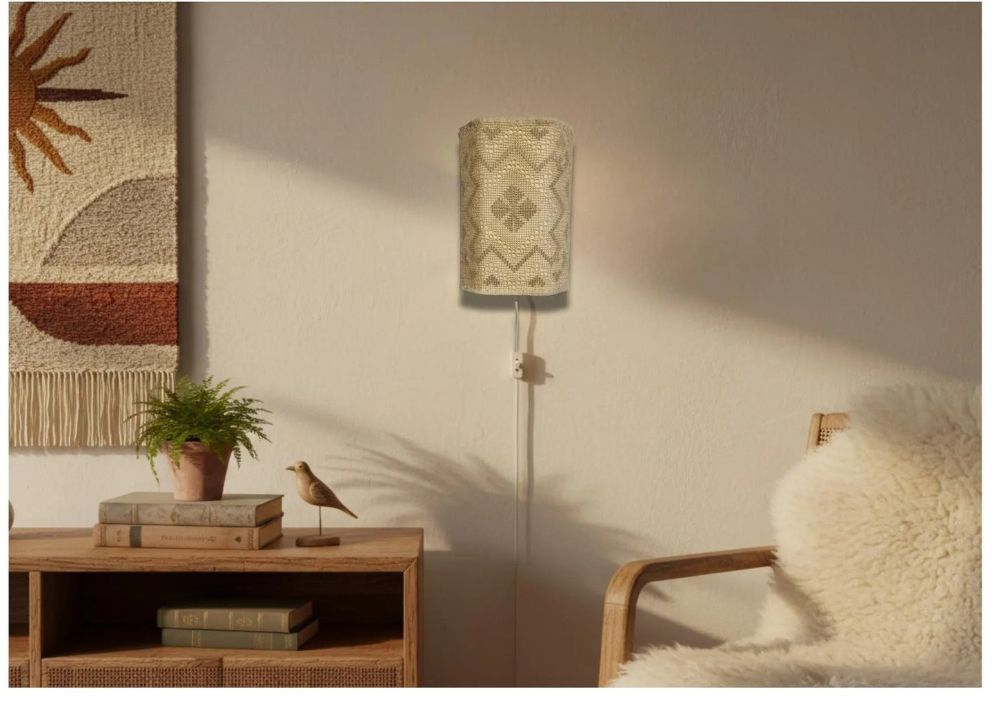 Vintage Swedish Crochet Wall Sconce – Mid-Century Boho Plug-In Lamp showcasing authentic vintage charm in a cozy Scandinavian living space.