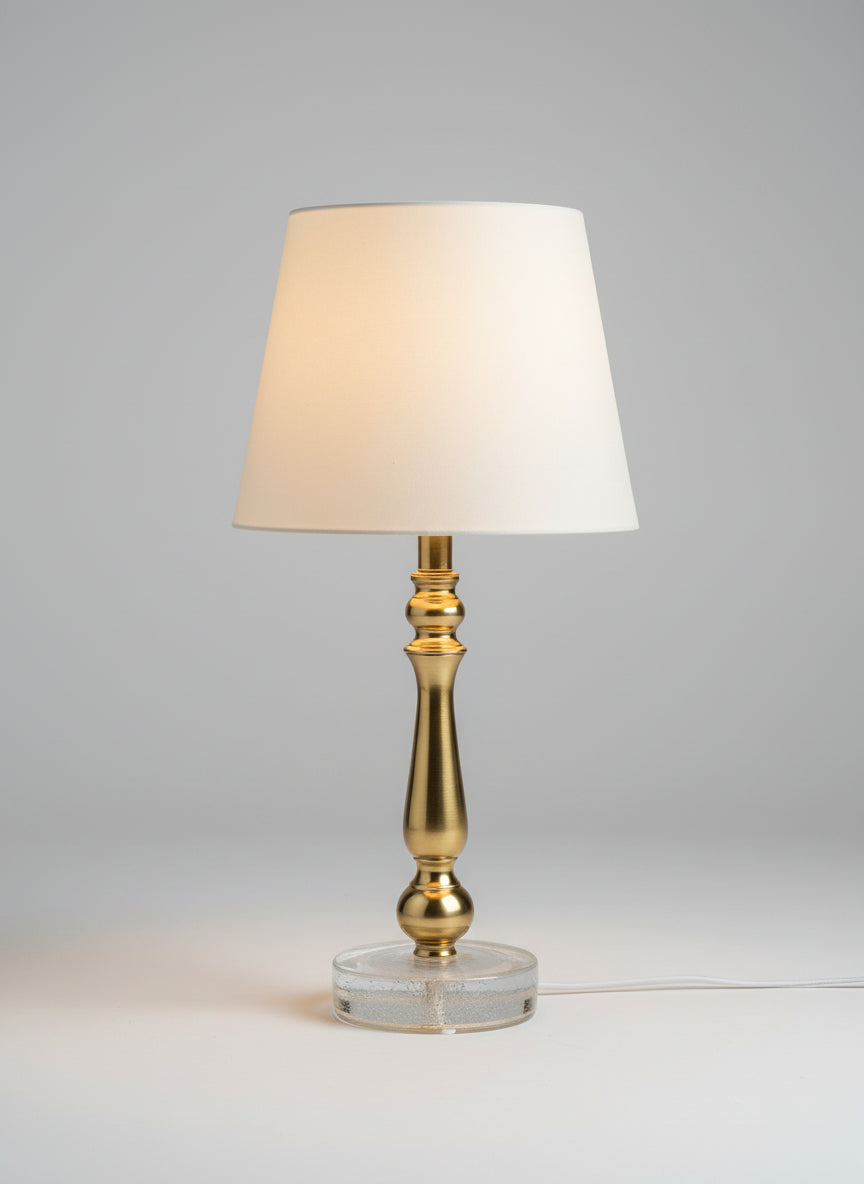 Elegant Mid-Century Brass & Glass Table Lamp – Falkenbergs Belysning, Swedish Modern Design with white shade and clear base