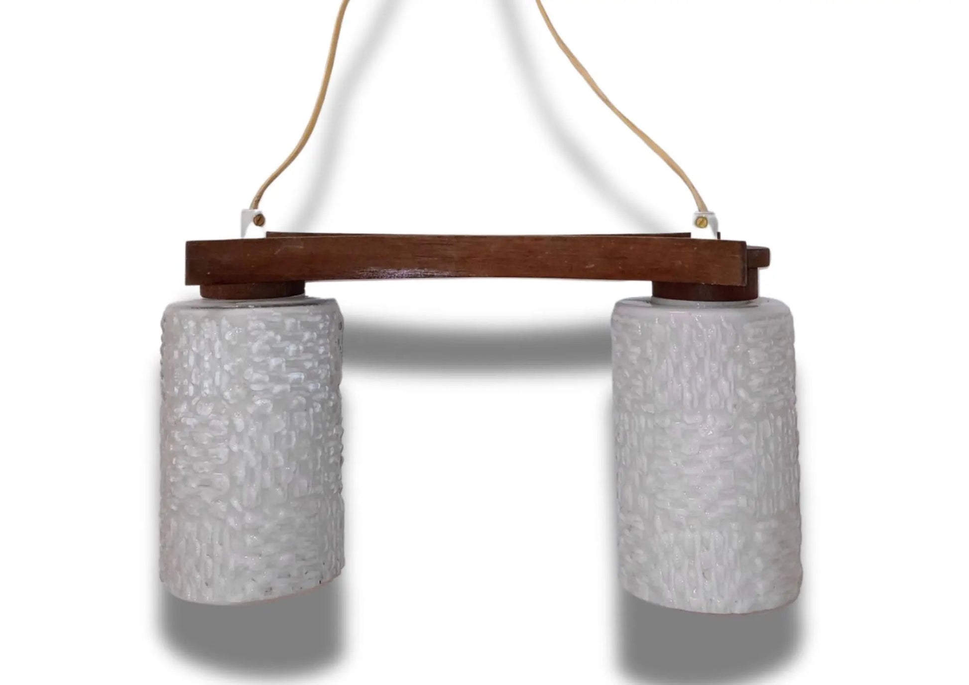 Scandinavian Mid-Century Teak Pendant Lamp – Frosted Glass Shades Chandelier with timeless charm, authentic vintage style