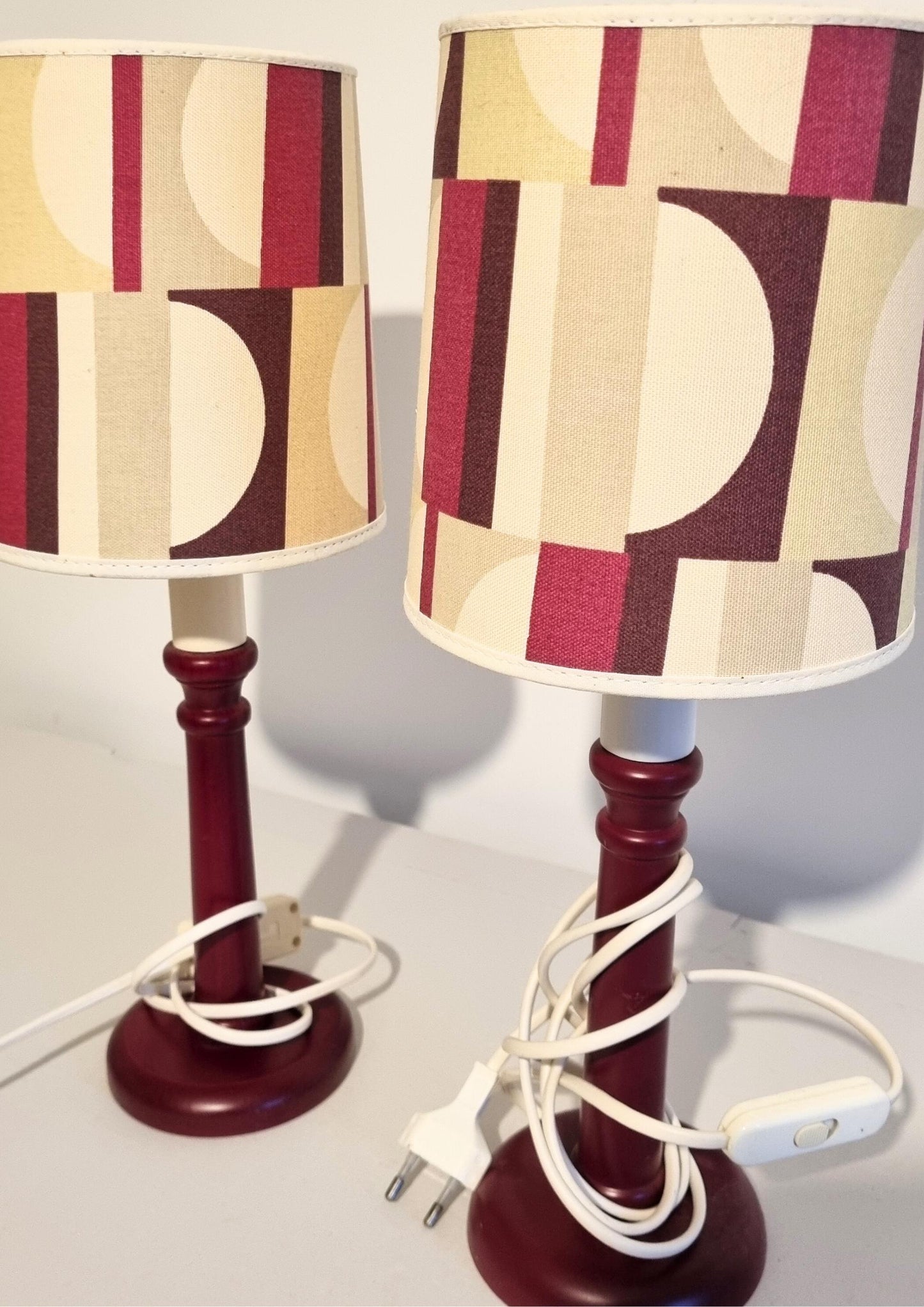 Mid-Century Modern Table Lamps – Cherry Beech with Original Retro Shades, 1970s Scandinavian Pair, Timeless Charm