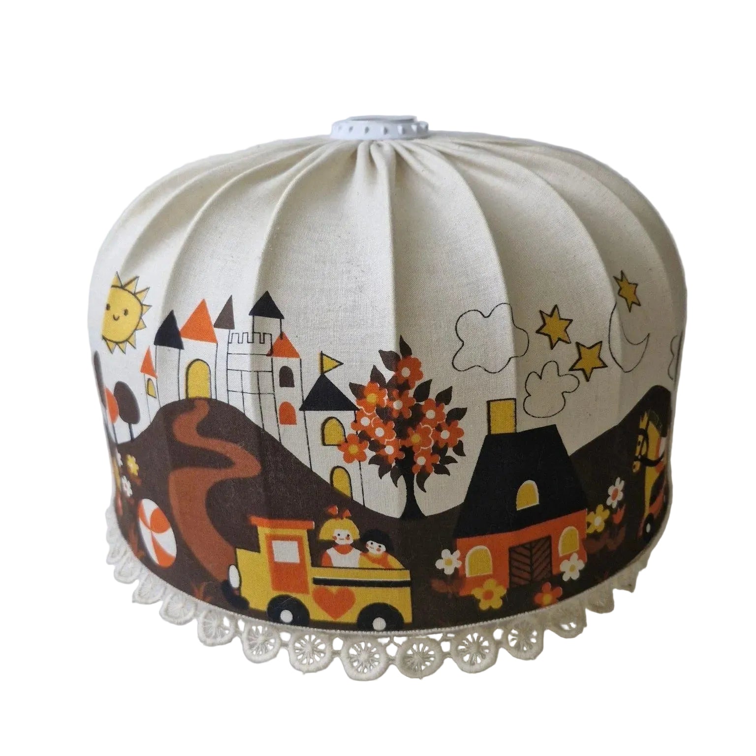 Vintage IKEA Children’s Lampshade – Castle & Train Print, Scandinavian Nursery Design, authentic vintage charm piece.