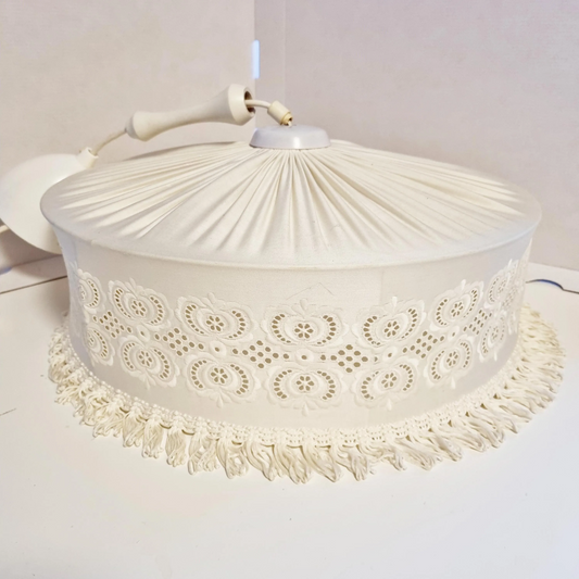 Vintage Scandinavian Pendant Lamp – Embroidered Fabric Shade, Mid-Century Ceiling Light with authentic vintage charm and timeless design.