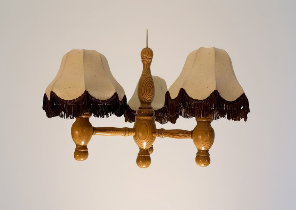 Vintage Scandinavian Pine Chandelier – Retro Wooden Ceiling Light with Fabric Shades, authentic vintage, timeless charm design